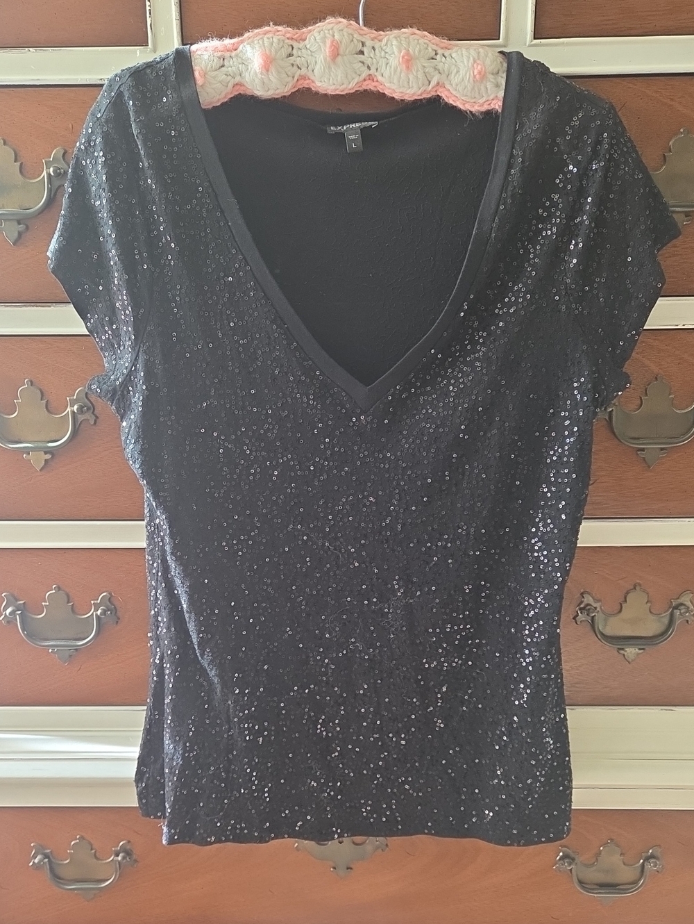 Express Black Sequin V-Neck Short Sleeve Top